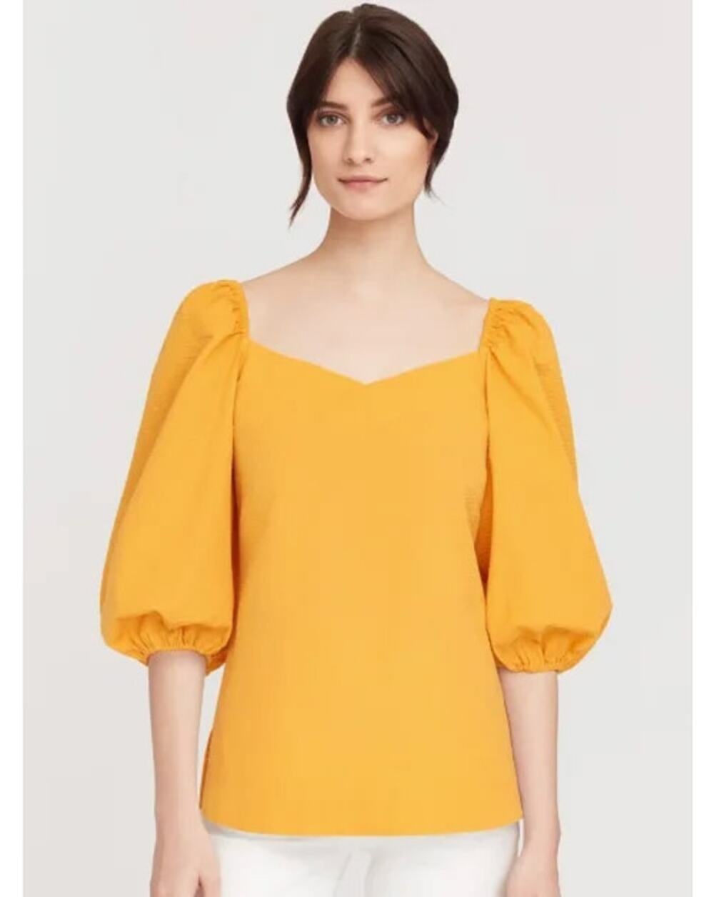 CUYANA Seersucker Balloon Sleeve Top in Daffodil Yellow XS